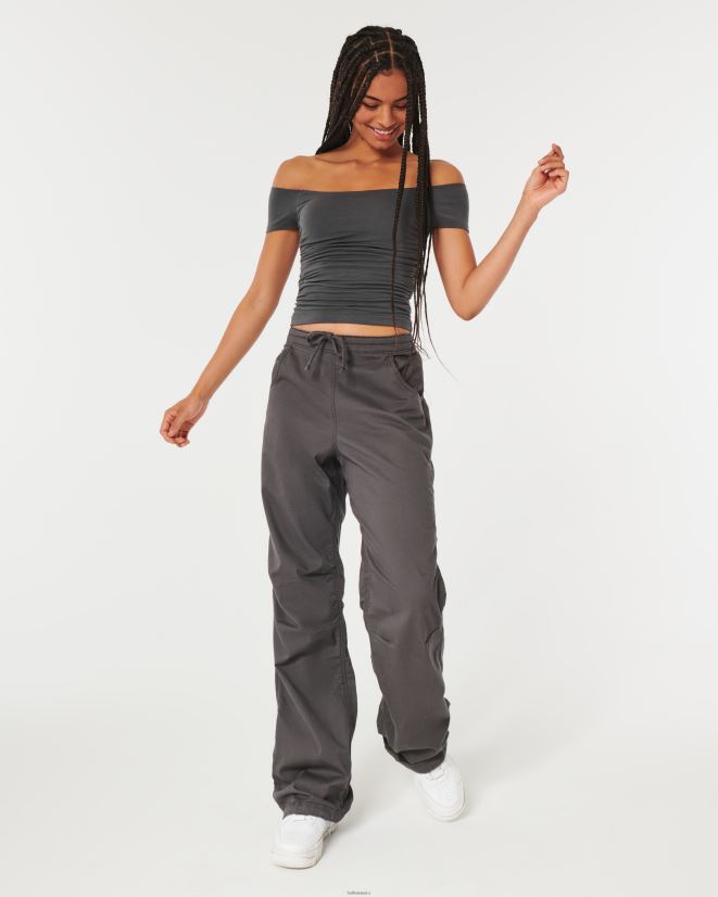 educación física Hollister top fruncido con hombros descubiertos gris oscuro 086N62141 mujer tapas