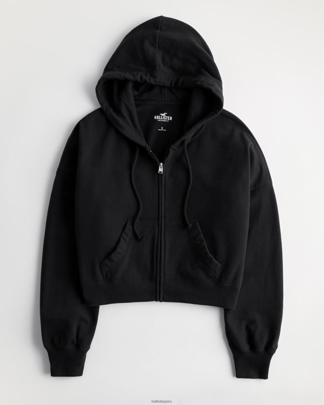 educación física Hollister sudadera con capucha de rizo con cremallera completa negro 086N62108 mujer tapas