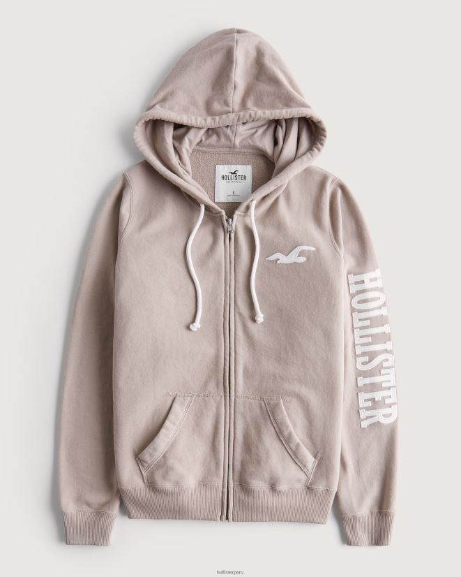 educación física Hollister sudadera con capucha de rizo con logo gráfico y cremallera completa gris pardo 086N62389 mujer tapas