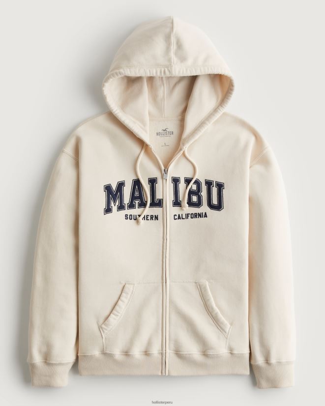 educación física Hollister sudadera con capucha y cremallera completa con gráfico malibu california extragrande crema 086N62154 mujer tapas