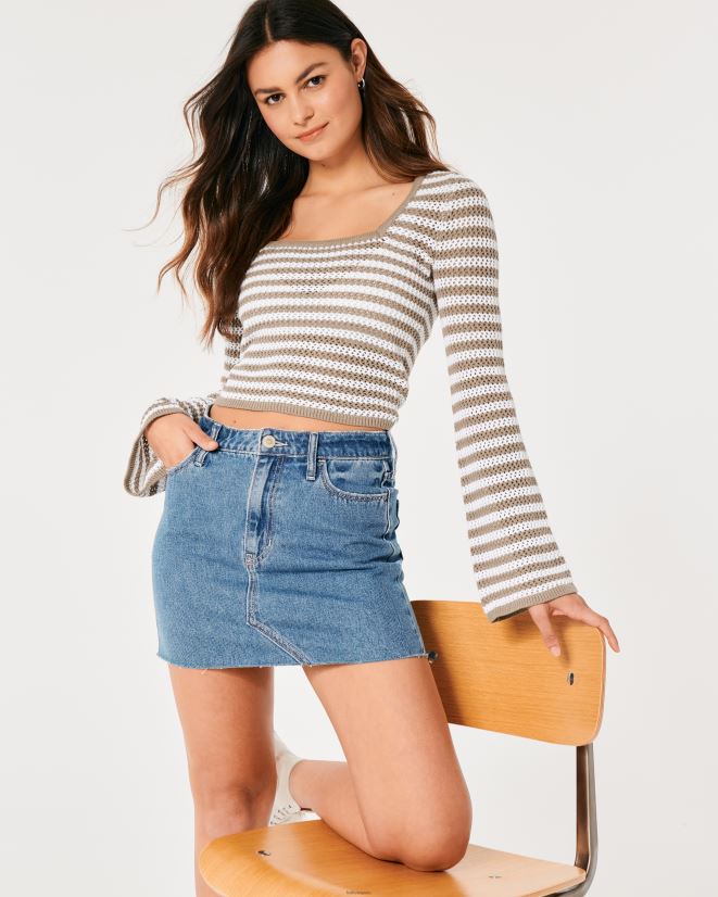 educación física Hollister suéter de crochet con cuello cuadrado y manga larga franja marrón claro 086N6264 mujer tapas