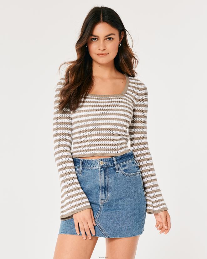 educación física Hollister suéter de crochet con cuello cuadrado y manga larga franja marrón claro 086N6264 mujer tapas