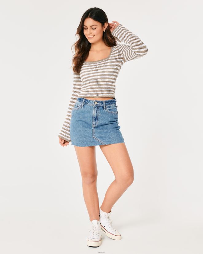 educación física Hollister suéter de crochet con cuello cuadrado y manga larga franja marrón claro 086N6264 mujer tapas