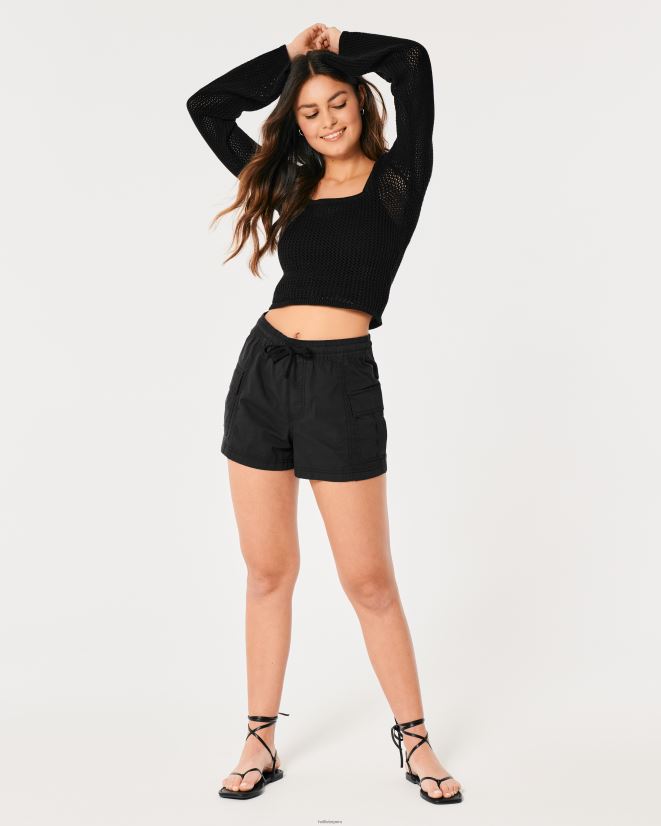 educación física Hollister suéter de crochet con cuello cuadrado y manga larga negro 086N62323 mujer tapas