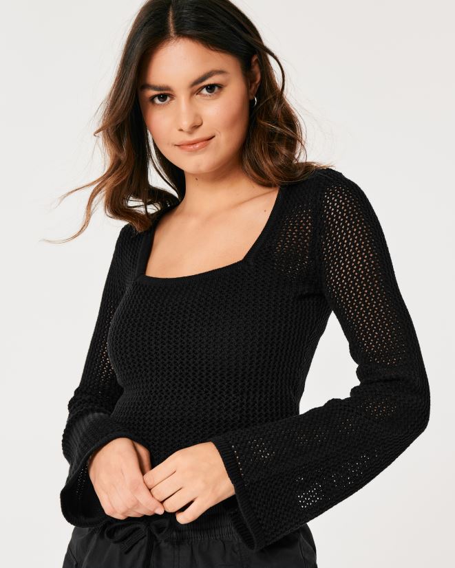 educación física Hollister suéter de crochet con cuello cuadrado y manga larga negro 086N62323 mujer tapas
