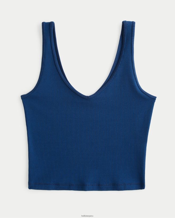 educación física Hollister Camiseta sin mangas corta de canalé de tela sin costuras con cuello en V azul oscuro 086N6222 mujer tapas