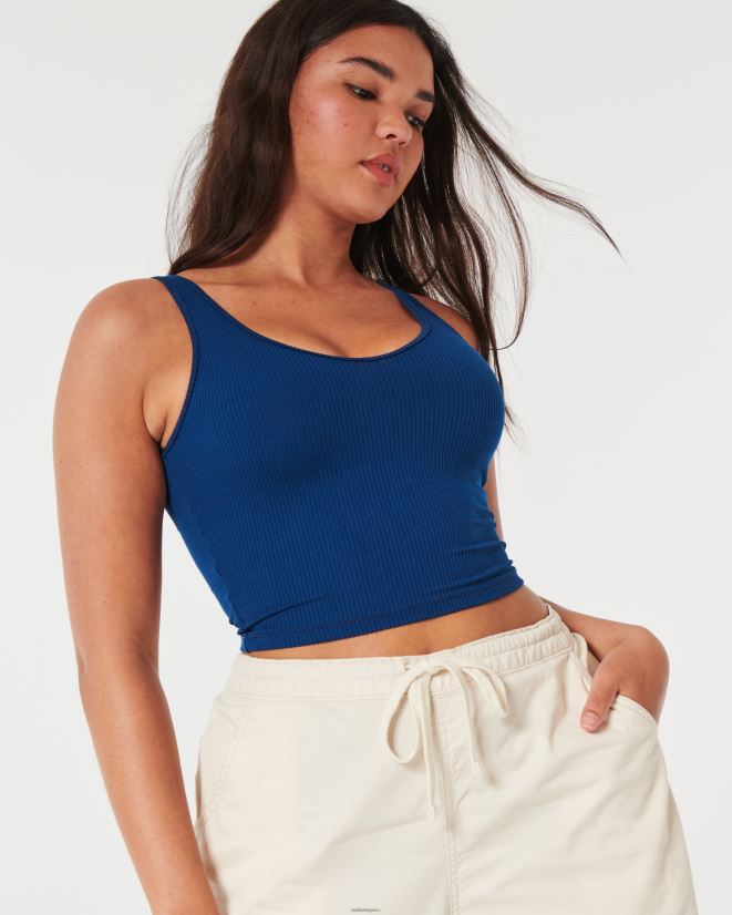 educación física Hollister Camiseta sin mangas corta de canalé de tela sin costuras con cuello en V azul oscuro 086N6222 mujer tapas