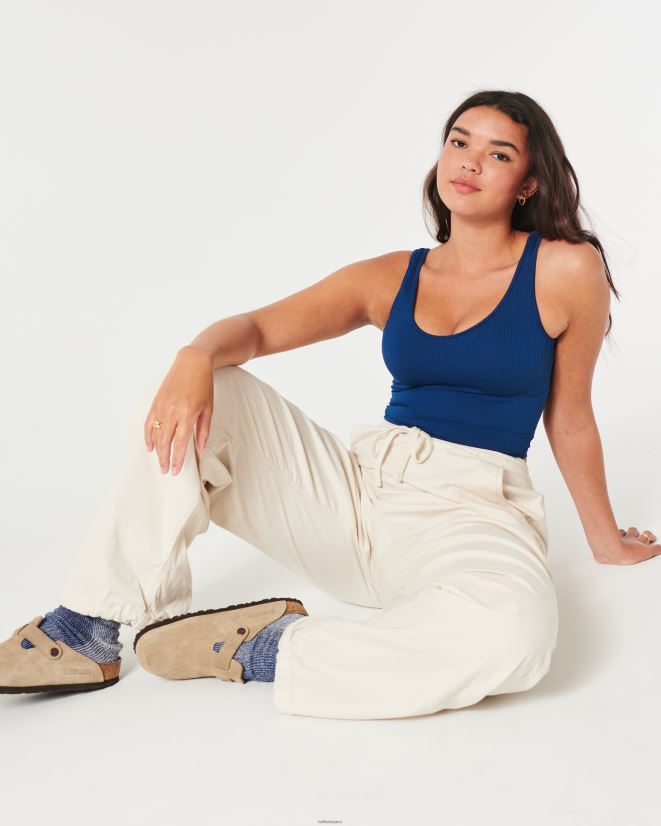 educación física Hollister Camiseta sin mangas corta de canalé de tela sin costuras con cuello en V azul oscuro 086N6222 mujer tapas