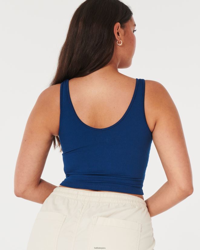 educación física Hollister Camiseta sin mangas corta de canalé de tela sin costuras con cuello en V azul oscuro 086N6222 mujer tapas