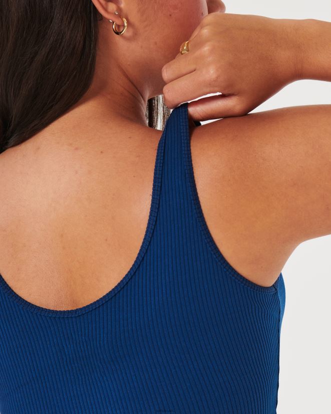 educación física Hollister Camiseta sin mangas corta de canalé de tela sin costuras con cuello en V azul oscuro 086N6222 mujer tapas