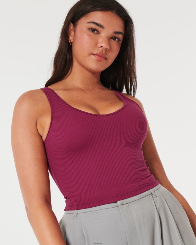 educación física Hollister Camiseta sin mangas corta de canalé de tela sin costuras con cuello en V granate 086N62106 mujer tapas