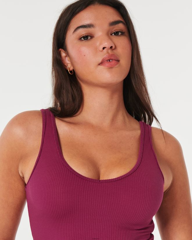 educación física Hollister Camiseta sin mangas corta de canalé de tela sin costuras con cuello en V granate 086N62106 mujer tapas