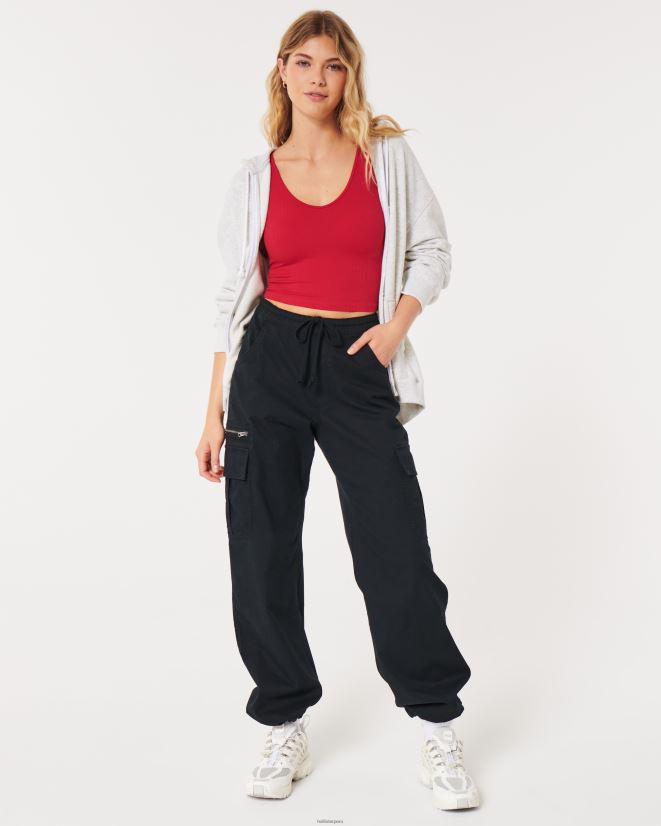 educación física Hollister Camiseta sin mangas corta de canalé de tela sin costuras con cuello en V rojo 086N6294 mujer tapas