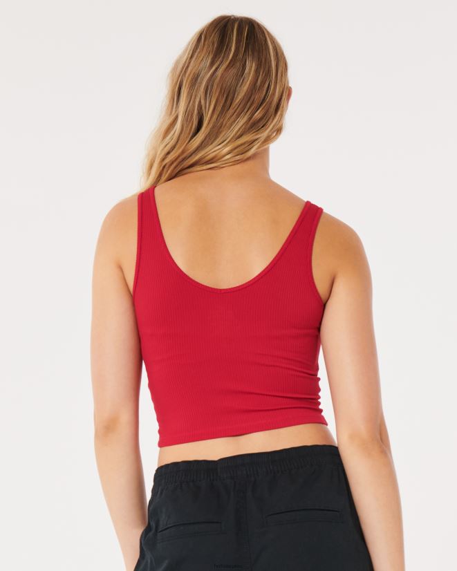 educación física Hollister Camiseta sin mangas corta de canalé de tela sin costuras con cuello en V rojo 086N6294 mujer tapas