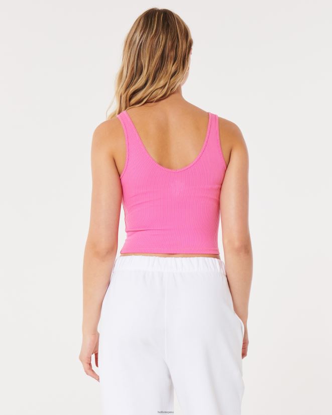 educación física Hollister Camiseta sin mangas corta de canalé de tela sin costuras con cuello en V rosa 086N6212 mujer tapas