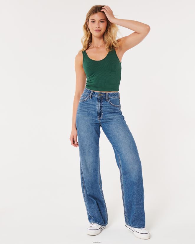 educación física Hollister Camiseta sin mangas corta de canalé de tela sin costuras con cuello en V verde oscuro 086N6242 mujer tapas