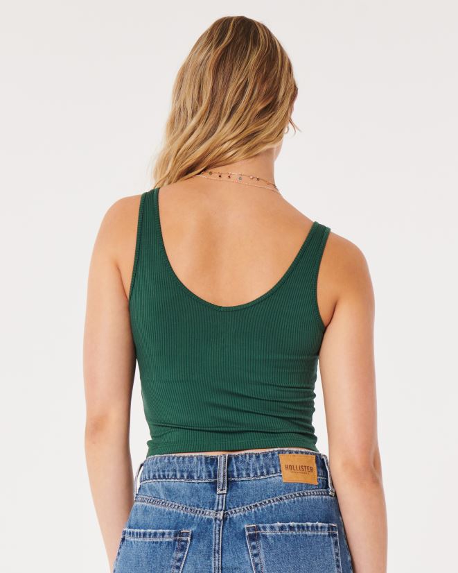 educación física Hollister Camiseta sin mangas corta de canalé de tela sin costuras con cuello en V verde oscuro 086N6242 mujer tapas