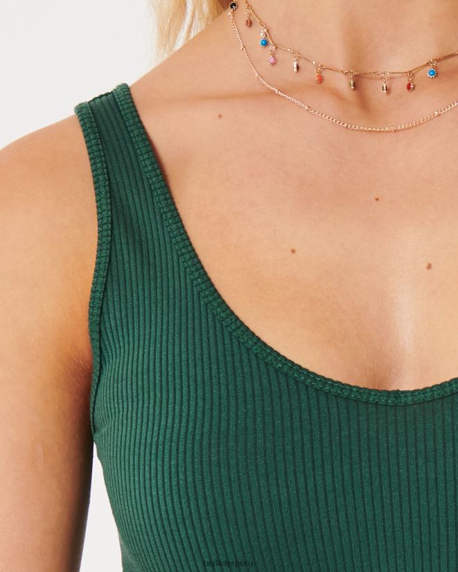 educación física Hollister Camiseta sin mangas corta de canalé de tela sin costuras con cuello en V verde oscuro 086N6242 mujer tapas