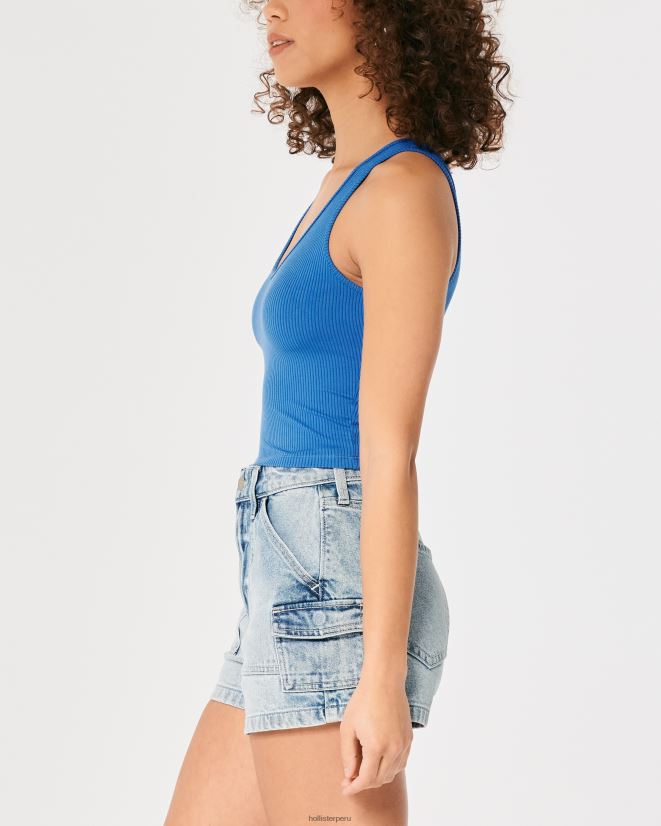 educación física Hollister Camiseta sin mangas de tela acanalada sin costuras con cuello en V azul 086N62417 mujer tapas