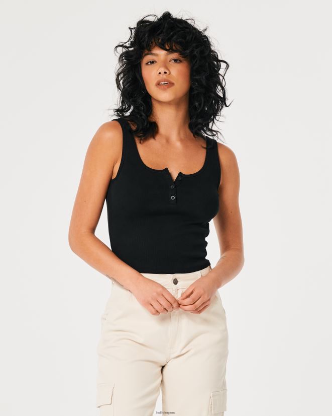 educación física Hollister camiseta henley con cuello redondo acanalado negro 086N62104 mujer tapas