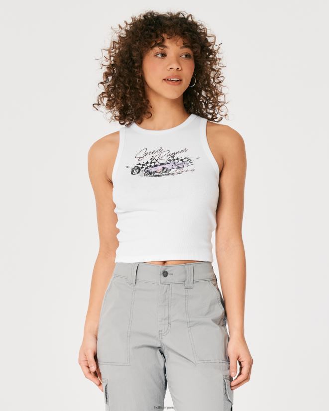 educación física Hollister camiseta sin mangas con gráfico de coche de carreras acanalado y cuello alto blanco 086N62278 mujer tapas