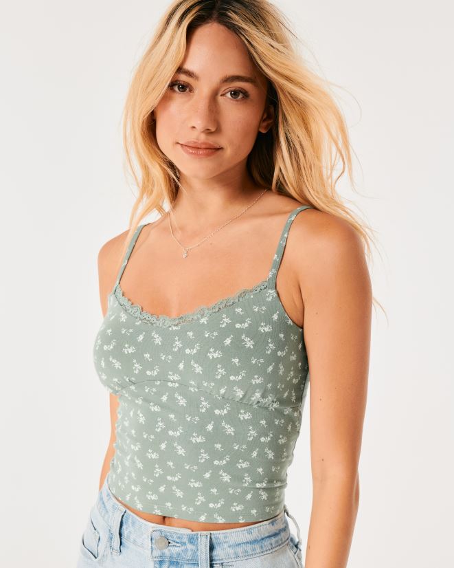 educación física Hollister camisola con ribete de encaje y busto fruncido floral verde 086N62135 mujer tapas