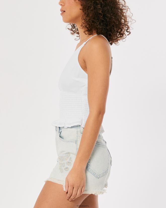educación física Hollister top con cintura fruncida y cuello en V blanco 086N62412 mujer tapas