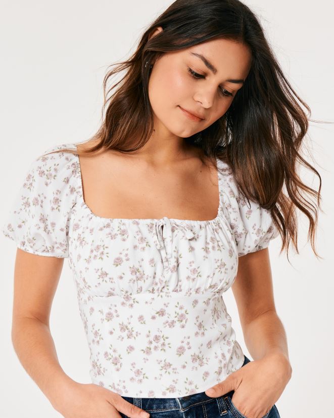 educación física Hollister top de manga corta con lazo en el busto flores blancas 086N6247 mujer tapas